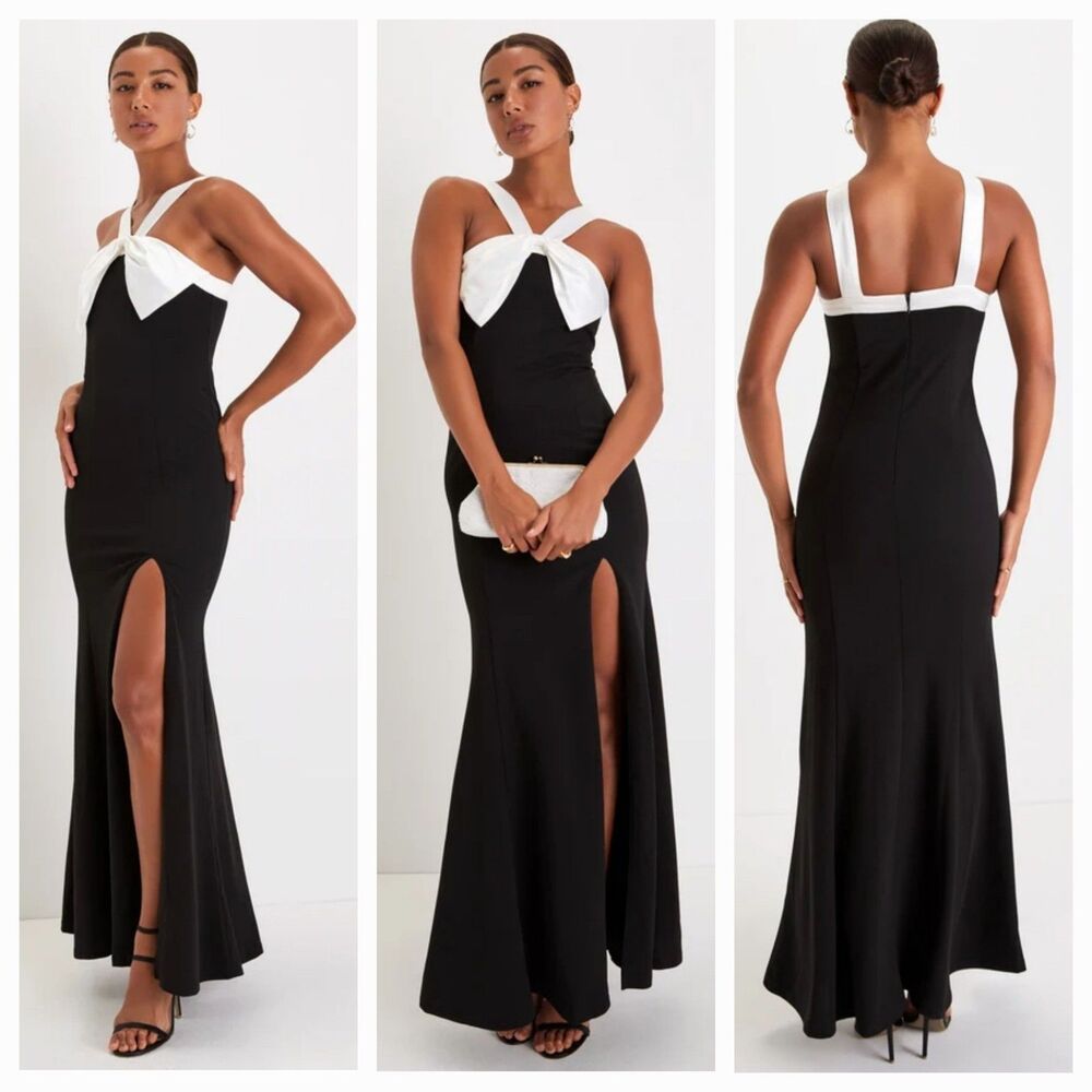 New LULUS (L) Luxurious Outlook Black & White Bow Mermaid Maxi Knit Dress $99